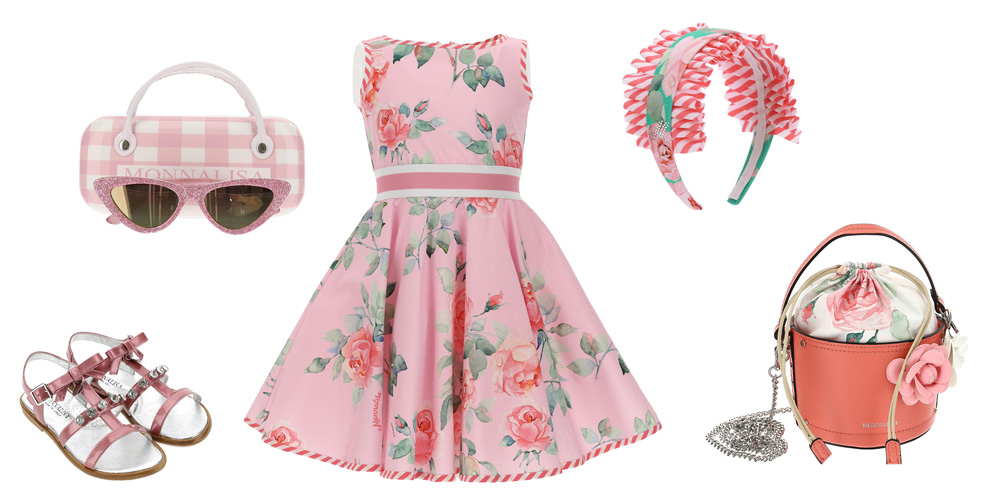 Różowa sukienka rozkloszowana dla dziewczynki w kwiaty, bez rękawów, z gumą w pasie, wizytowa, elegancka.